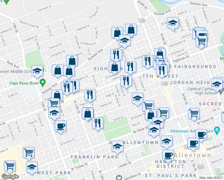 map of restaurants, bars, coffee shops, grocery stores, and more near 639 North Howard Street in Allentown
