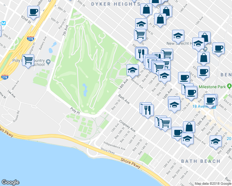 map of restaurants, bars, coffee shops, grocery stores, and more near 8770 14th Avenue in Brooklyn