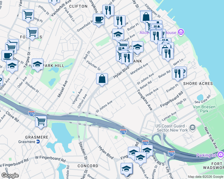 map of restaurants, bars, coffee shops, grocery stores, and more near 362 Maryland Avenue in Staten Island