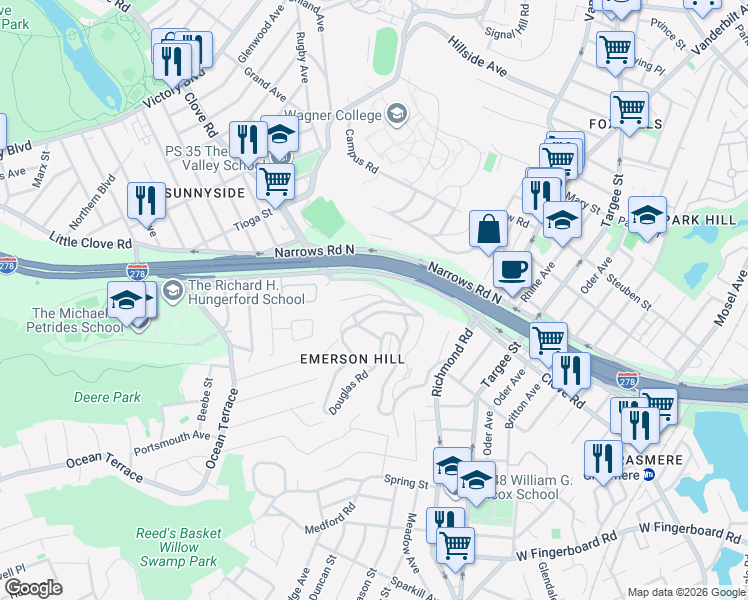map of restaurants, bars, coffee shops, grocery stores, and more near 11 Twin Oak Drive in Staten Island