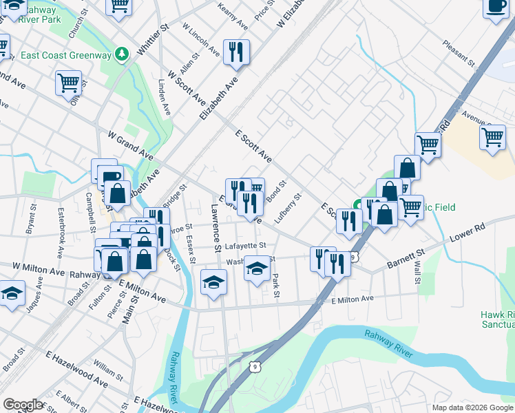 map of restaurants, bars, coffee shops, grocery stores, and more near 1886 Bond Street in Rahway