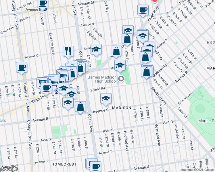 map of restaurants, bars, coffee shops, grocery stores, and more near 2307 Quentin Road in Brooklyn