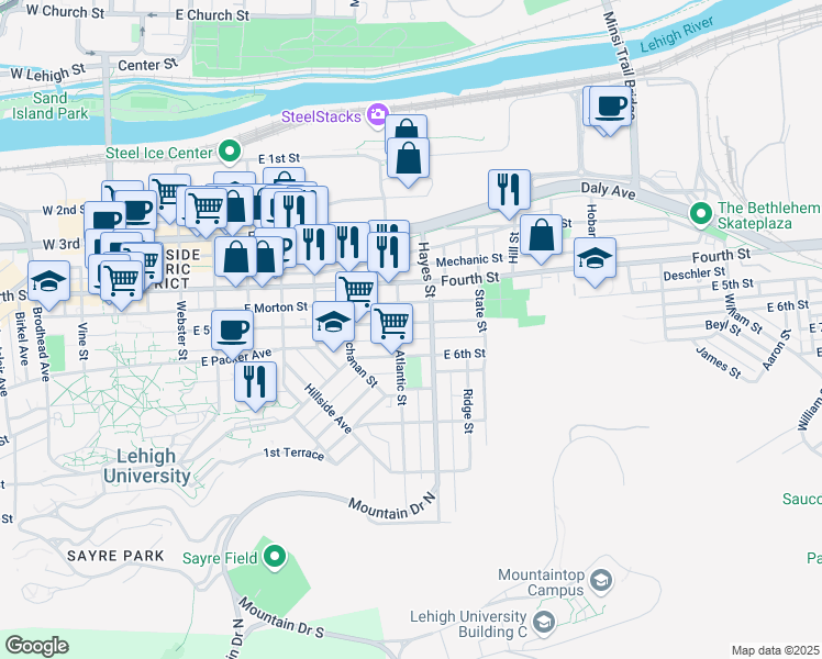 map of restaurants, bars, coffee shops, grocery stores, and more near 752 East 5th Street in Bethlehem