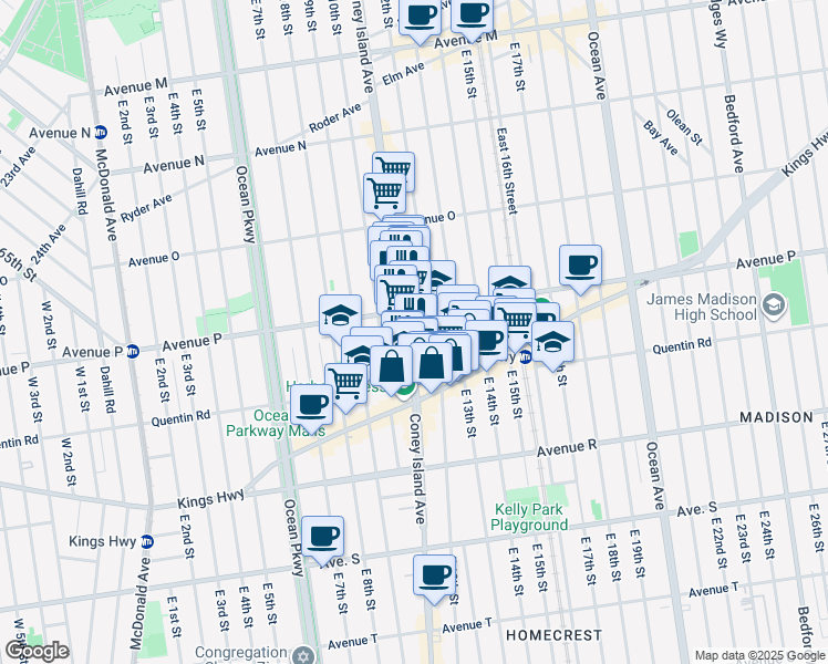 map of restaurants, bars, coffee shops, grocery stores, and more near 1957 Coney Island Avenue in Brooklyn