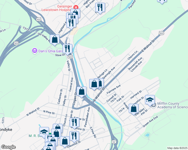 map of restaurants, bars, coffee shops, grocery stores, and more near 119 Spring Street in Lewistown