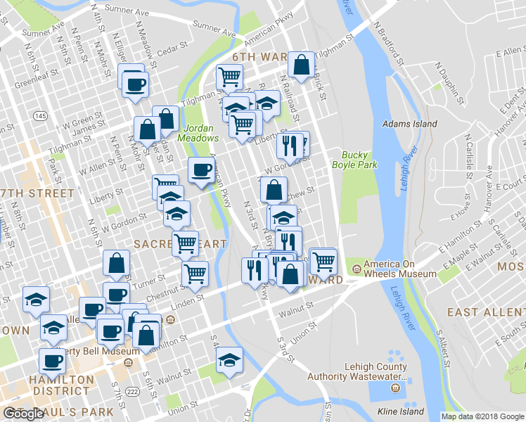 map of restaurants, bars, coffee shops, grocery stores, and more near 214 West Chew Street in Allentown