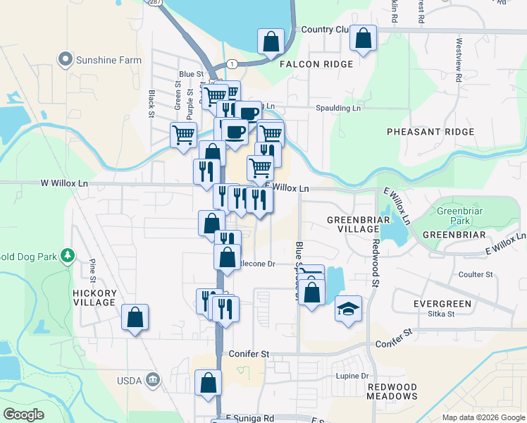 map of restaurants, bars, coffee shops, grocery stores, and more near 1630 North College Avenue in Fort Collins