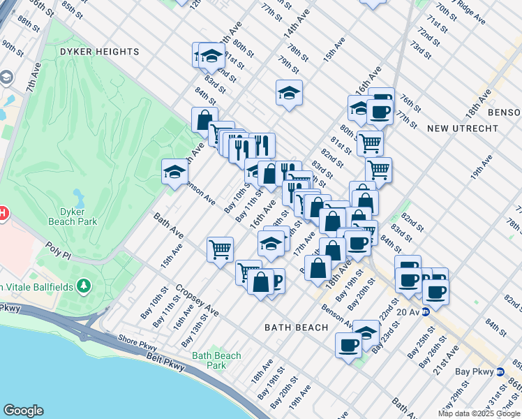 map of restaurants, bars, coffee shops, grocery stores, and more near 8640 16th Avenue in Brooklyn