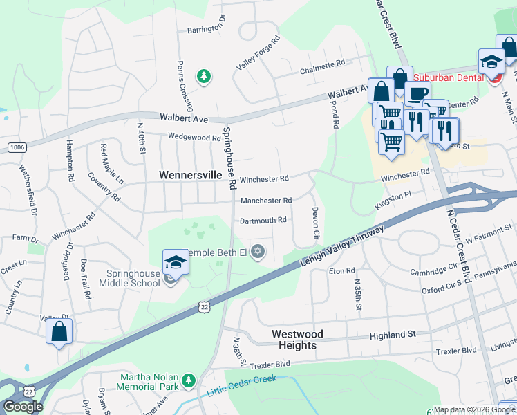map of restaurants, bars, coffee shops, grocery stores, and more near 3720 Manchester Road in Allentown