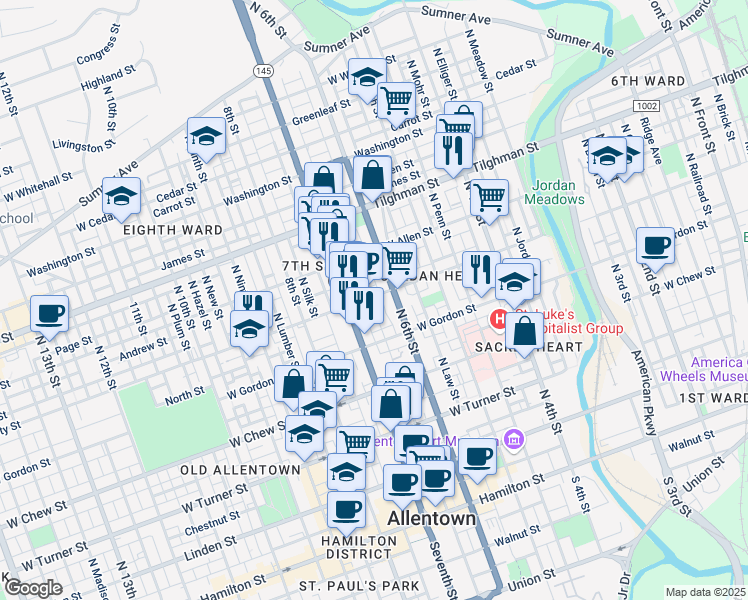 map of restaurants, bars, coffee shops, grocery stores, and more near 626 Liberty Street in Allentown