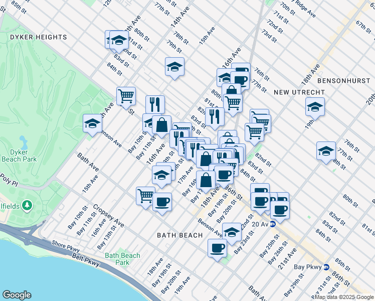 map of restaurants, bars, coffee shops, grocery stores, and more near 1663 86th Street in Brooklyn