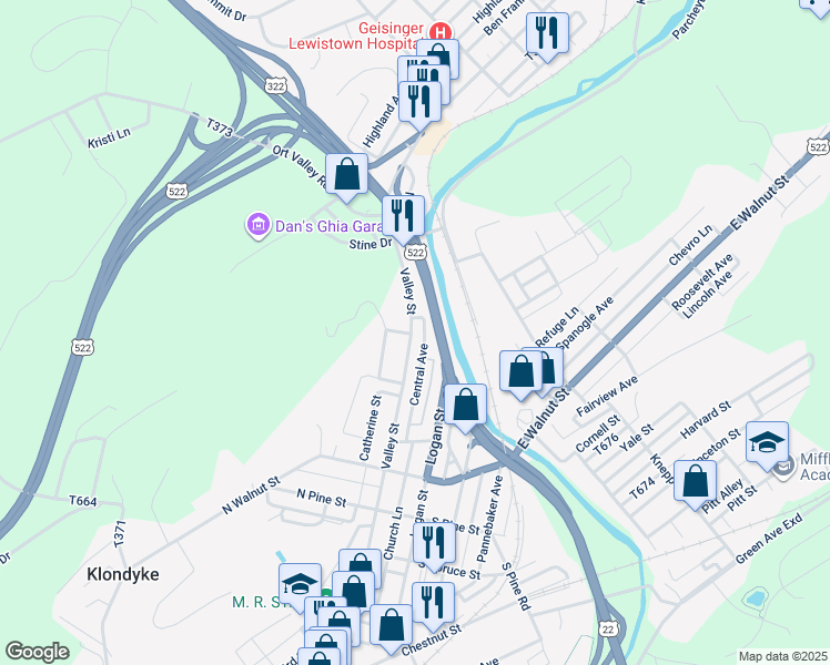 map of restaurants, bars, coffee shops, grocery stores, and more near 676 Valley Street in Lewistown