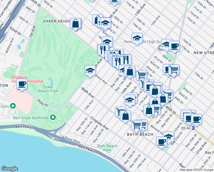 map of restaurants, bars, coffee shops, grocery stores, and more near 8689 15th Avenue in Brooklyn