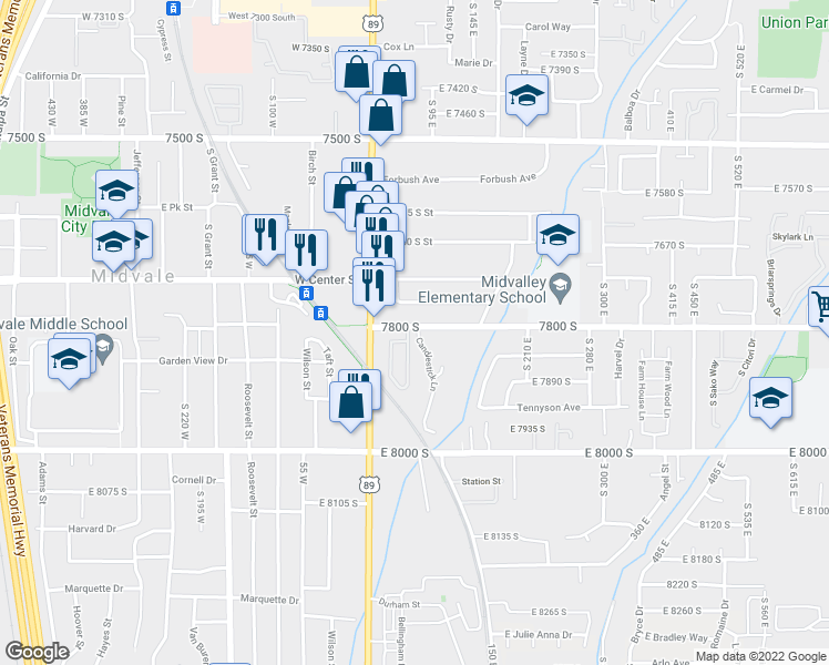 map of restaurants, bars, coffee shops, grocery stores, and more near 49 Fall Station Way in Midvale