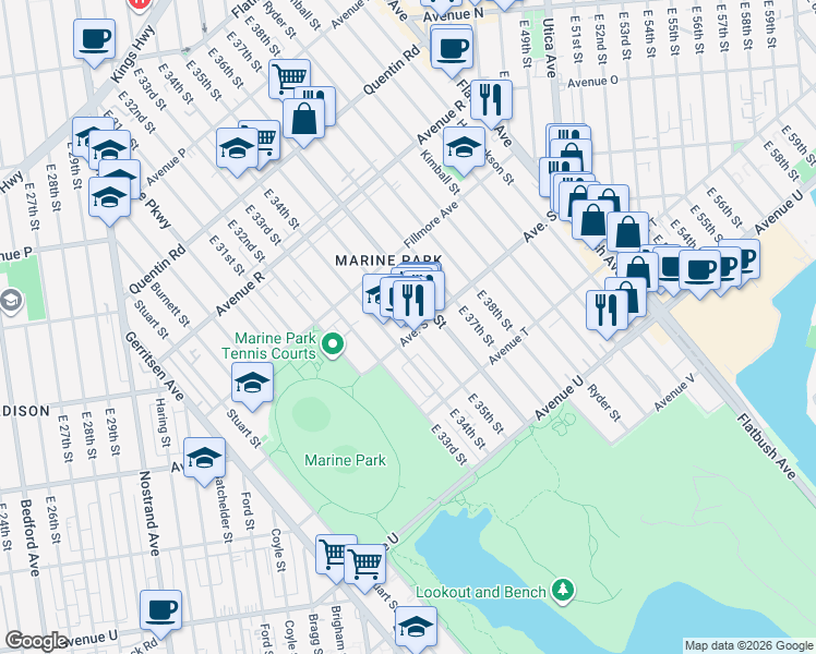 map of restaurants, bars, coffee shops, grocery stores, and more near 3505 Avenue S in Brooklyn