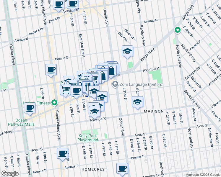 map of restaurants, bars, coffee shops, grocery stores, and more near 1661 East 19th Street in Brooklyn