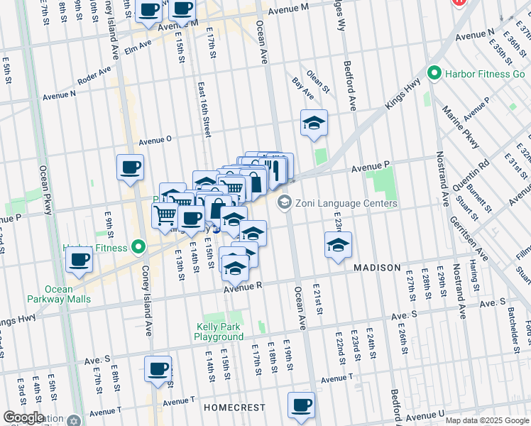 map of restaurants, bars, coffee shops, grocery stores, and more near 1661 East 19th Street in Brooklyn
