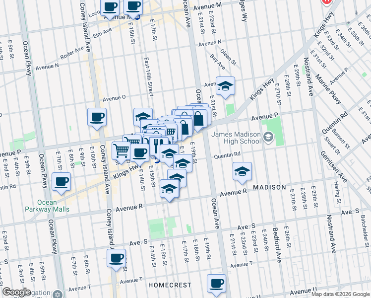 map of restaurants, bars, coffee shops, grocery stores, and more near 1661 East 19th Street in Brooklyn