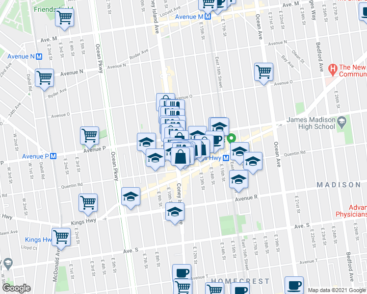 map of restaurants, bars, coffee shops, grocery stores, and more near 1957 Coney Island Avenue in Brooklyn