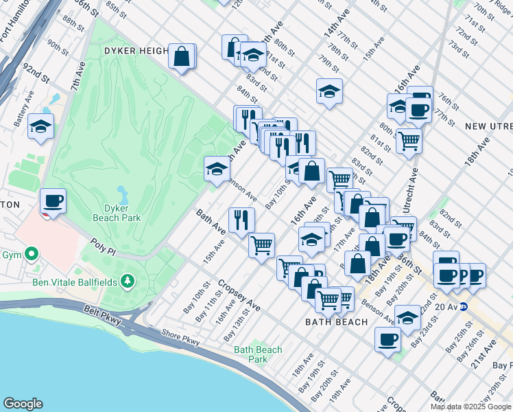 map of restaurants, bars, coffee shops, grocery stores, and more near 8691 15th Avenue in Brooklyn