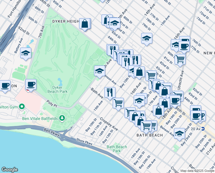 map of restaurants, bars, coffee shops, grocery stores, and more near 122 Bay 8th Street in Brooklyn