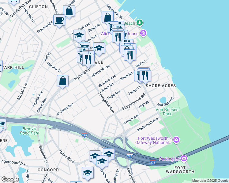 map of restaurants, bars, coffee shops, grocery stores, and more near 38 Belair Lane in Staten Island