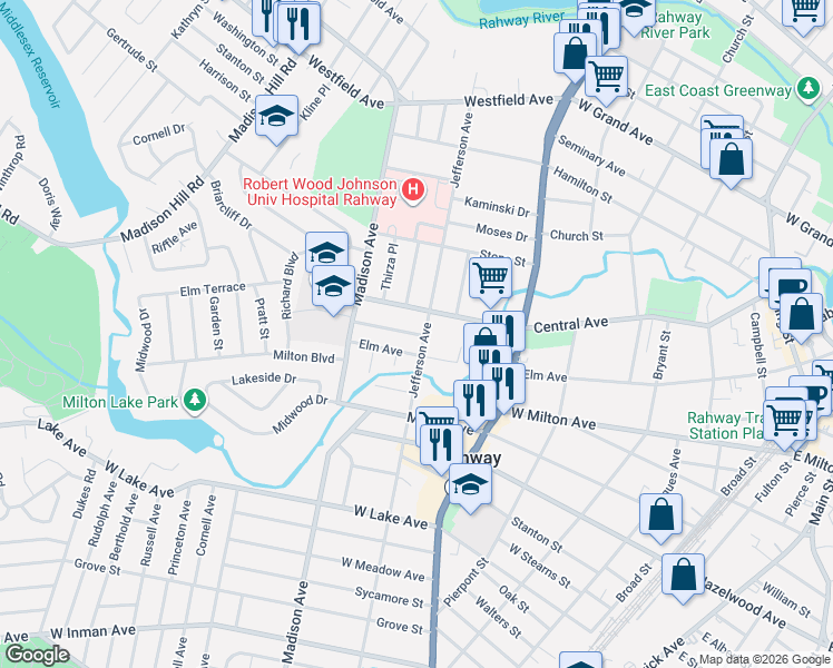 map of restaurants, bars, coffee shops, grocery stores, and more near 1052 Jefferson Avenue in Rahway