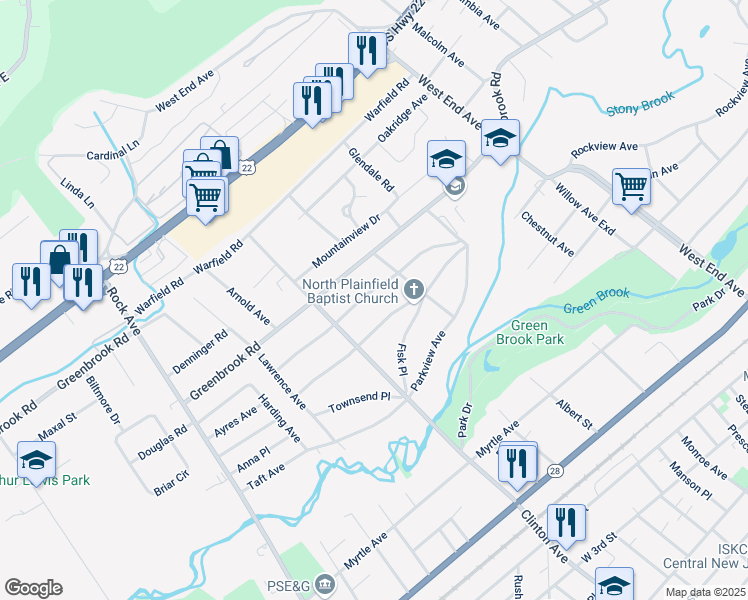 map of restaurants, bars, coffee shops, grocery stores, and more near 577 Ayres Avenue in North Plainfield