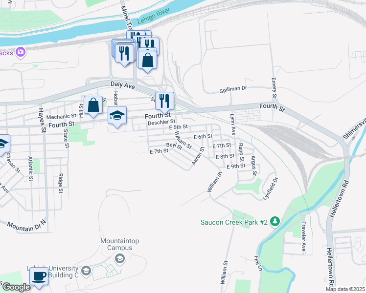 map of restaurants, bars, coffee shops, grocery stores, and more near 618 William Street in Bethlehem