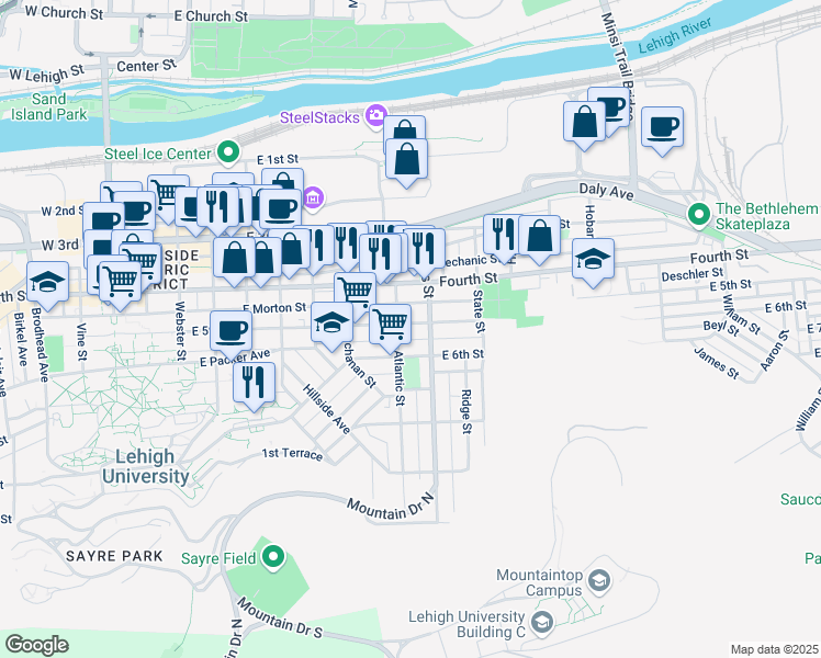 map of restaurants, bars, coffee shops, grocery stores, and more near 752 East 5th Street in Bethlehem