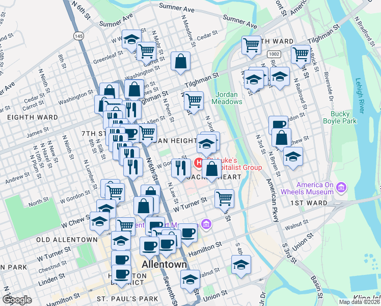 map of restaurants, bars, coffee shops, grocery stores, and more near 429 West Gordon Street in Allentown
