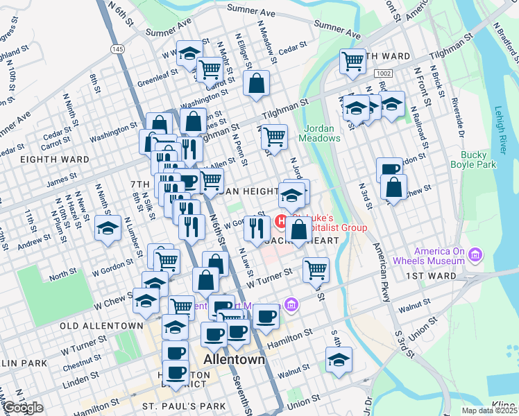map of restaurants, bars, coffee shops, grocery stores, and more near 408 North Penn Street in Allentown