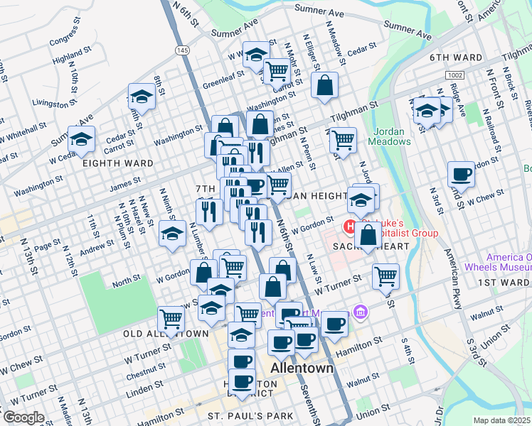 map of restaurants, bars, coffee shops, grocery stores, and more near 507 Park Street in Allentown