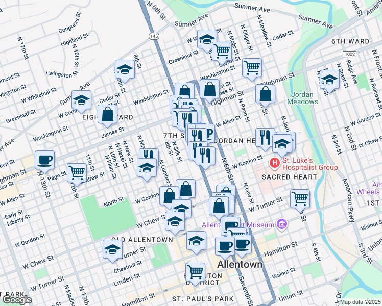 map of restaurants, bars, coffee shops, grocery stores, and more near 540 North 7th Street in Allentown