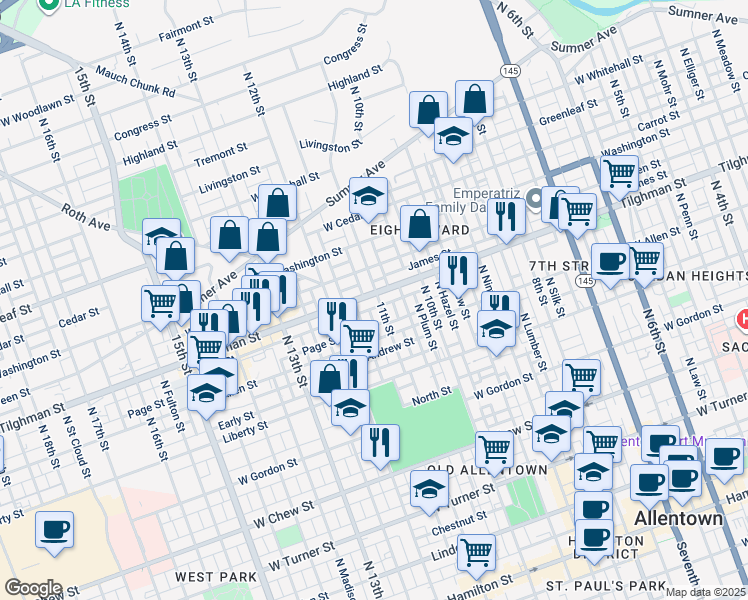 map of restaurants, bars, coffee shops, grocery stores, and more near 1104 State Route 1002 in Allentown