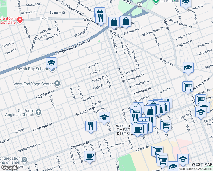 map of restaurants, bars, coffee shops, grocery stores, and more near 1001 North 20th Street in Allentown