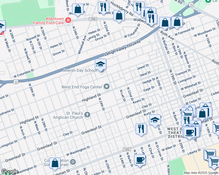 map of restaurants, bars, coffee shops, grocery stores, and more near 1118 North 23rd Street in Allentown