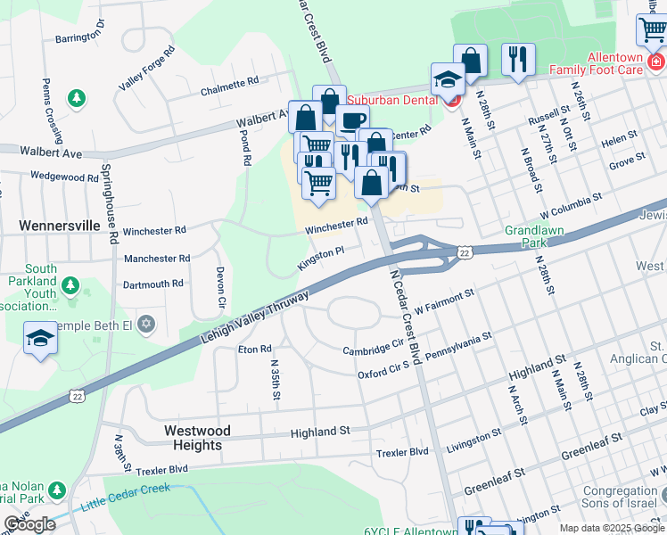 map of restaurants, bars, coffee shops, grocery stores, and more near 3322 Kingston Place in Allentown