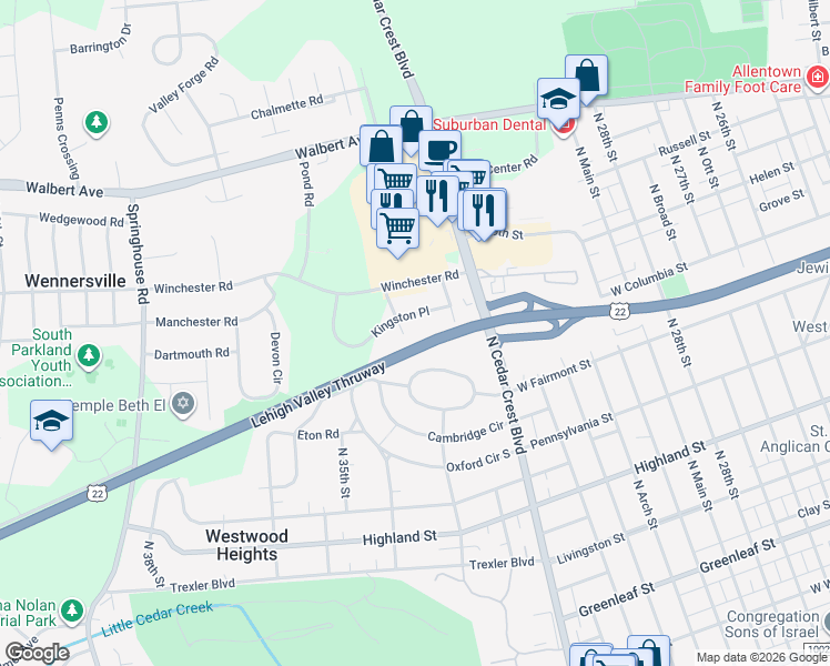 map of restaurants, bars, coffee shops, grocery stores, and more near 3322 Kingston Place in Allentown