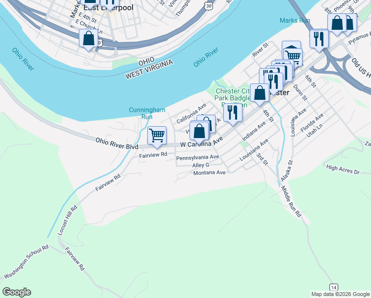 map of restaurants, bars, coffee shops, grocery stores, and more near 118 Carolina Avenue in Chester