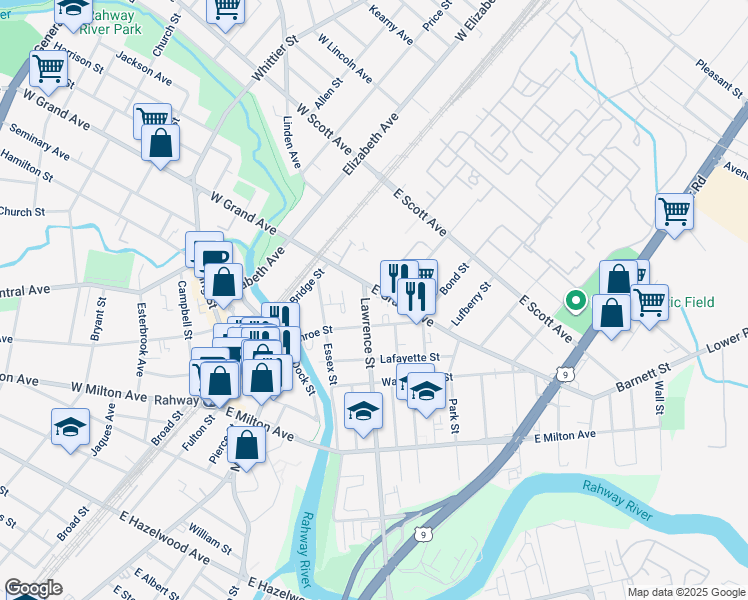 map of restaurants, bars, coffee shops, grocery stores, and more near 169 East Grand Avenue in Rahway
