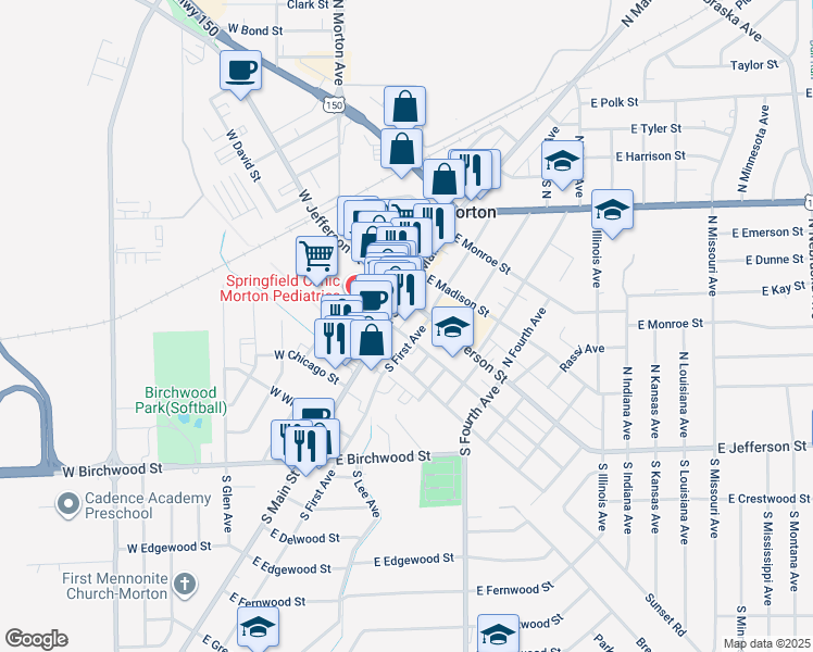 map of restaurants, bars, coffee shops, grocery stores, and more near 25 East Adams Street in Morton