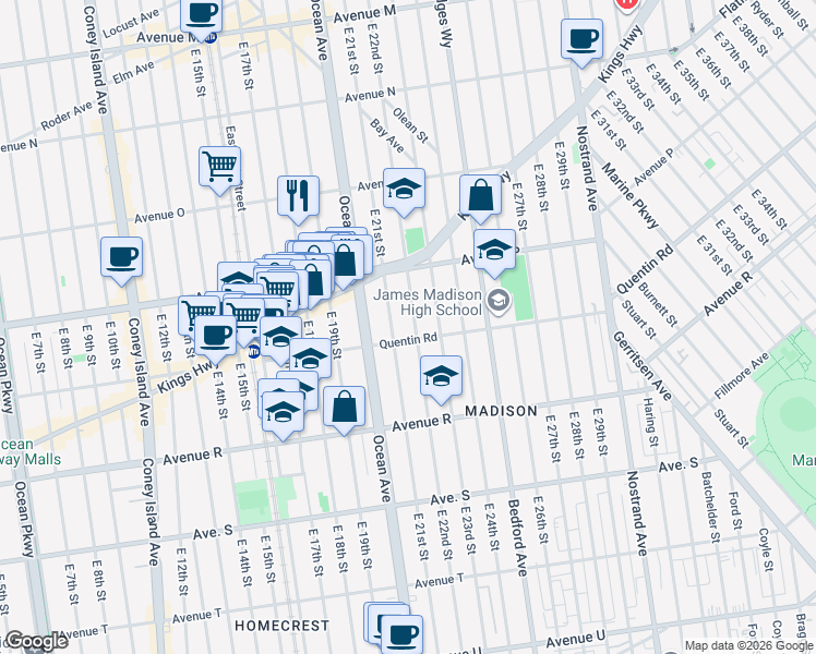 map of restaurants, bars, coffee shops, grocery stores, and more near 1726 East 22nd Street in Brooklyn