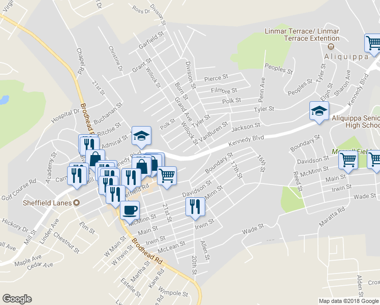 map of restaurants, bars, coffee shops, grocery stores, and more near 1817 Vanburen St in Aliquippa