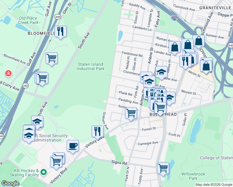 map of restaurants, bars, coffee shops, grocery stores, and more near 66 Plank Road in Staten Island