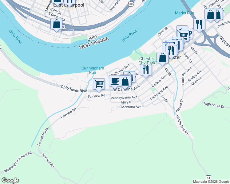 map of restaurants, bars, coffee shops, grocery stores, and more near 100 West Carolina Avenue in Chester