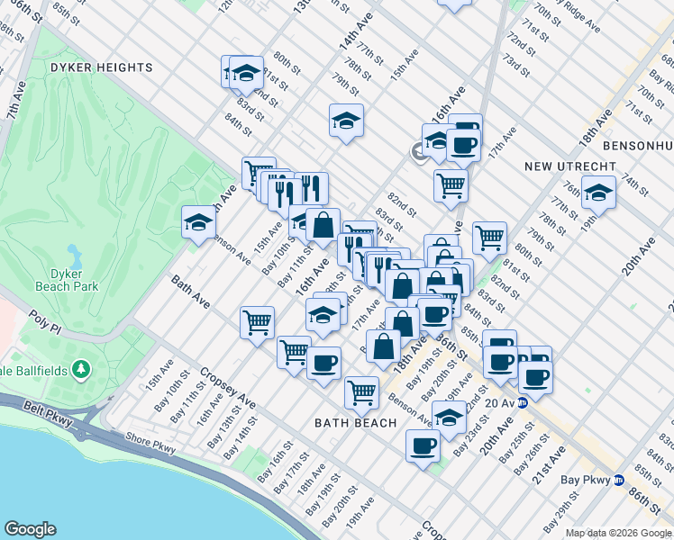map of restaurants, bars, coffee shops, grocery stores, and more near 1614-1616 86th Street in Brooklyn
