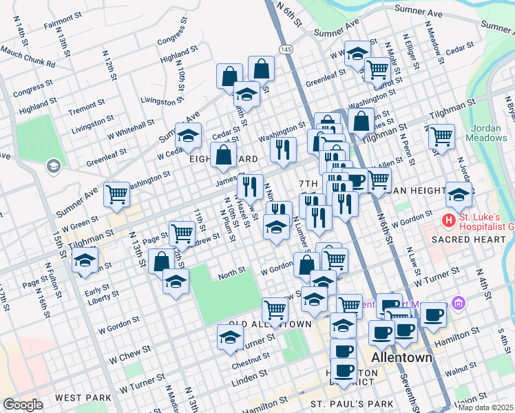 map of restaurants, bars, coffee shops, grocery stores, and more near 913 Allen Street in Allentown
