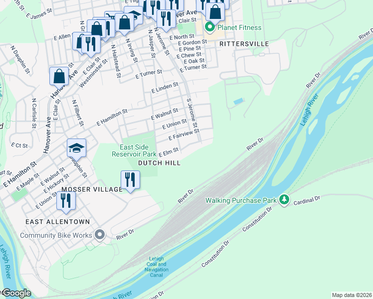 map of restaurants, bars, coffee shops, grocery stores, and more near 964 East Elm Street in Allentown