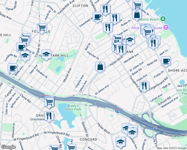 map of restaurants, bars, coffee shops, grocery stores, and more near 466 Clifton Avenue in Staten Island